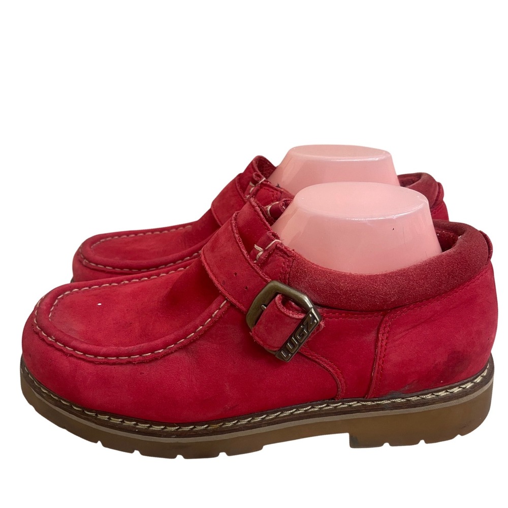 Lugz NY Lug Co Mens Red Suede Moc Toe Monk Strap Buckle Lug Sole Shoes Sz 11 VTG